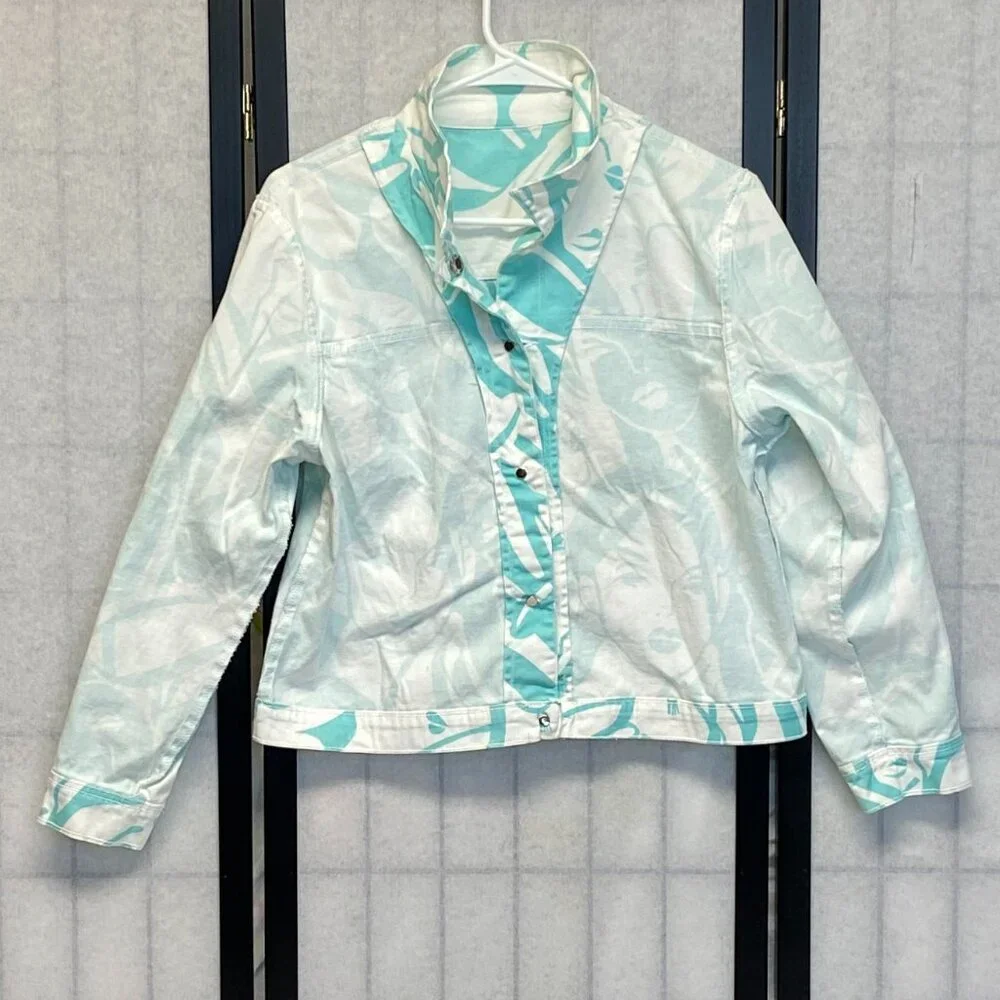 Impulse California Trucker Jean Jacket M White Aqua Pop Art Graphic Female Faces - Picture 5 of 12
